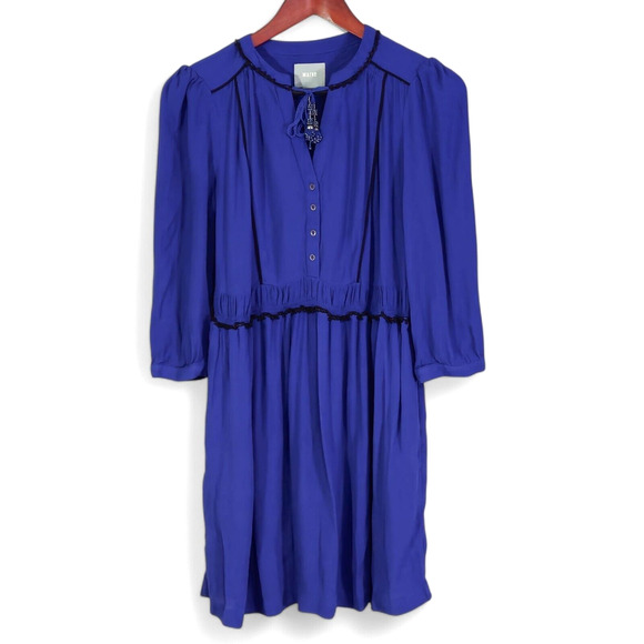 Maeve Anthropologie Women’s Dress Parisian Dark Academia Tie Neck Indigo Blue S - Picture 1 of 8